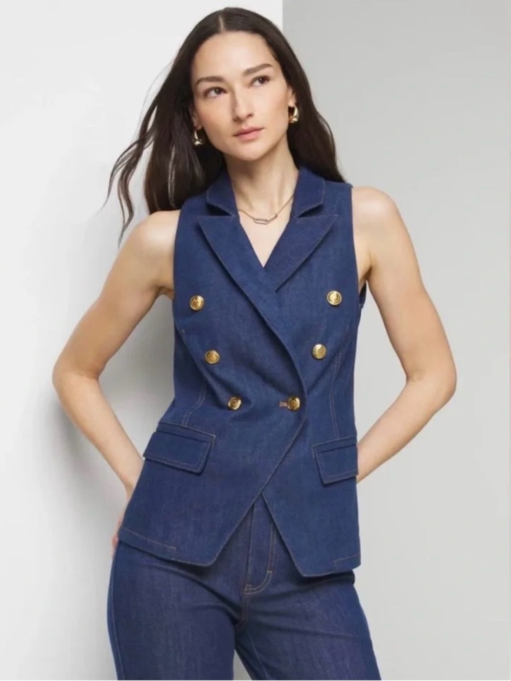 White House Black Market Denim Vest Size 12 Dark Wash Gold Button NWT Structured